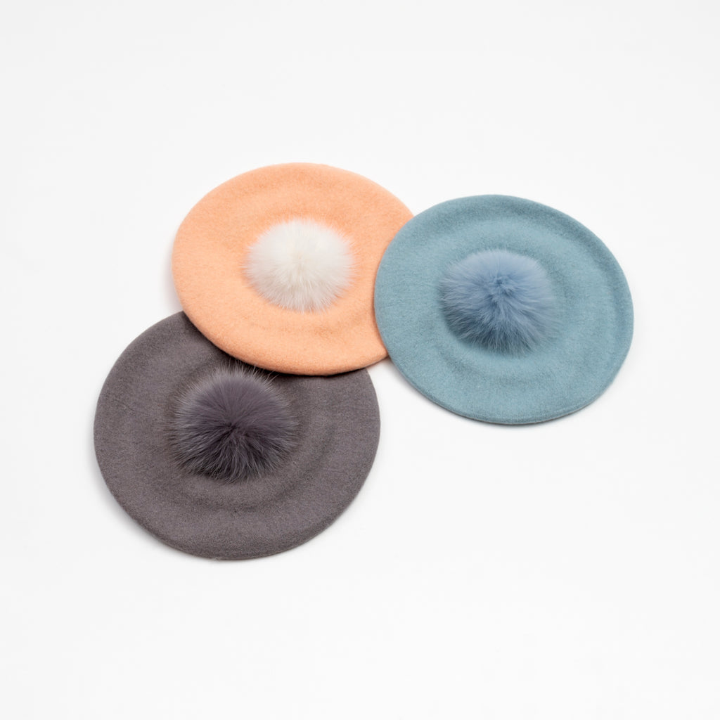 Wool Felt Beret with detachable Genuine Fur Pom Pom-Assorted Colors — The  Doily Lady