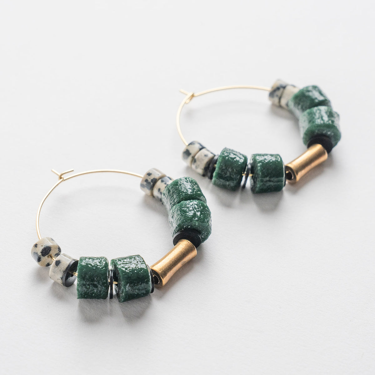 glass bead & dalmation jasper hoop earrings