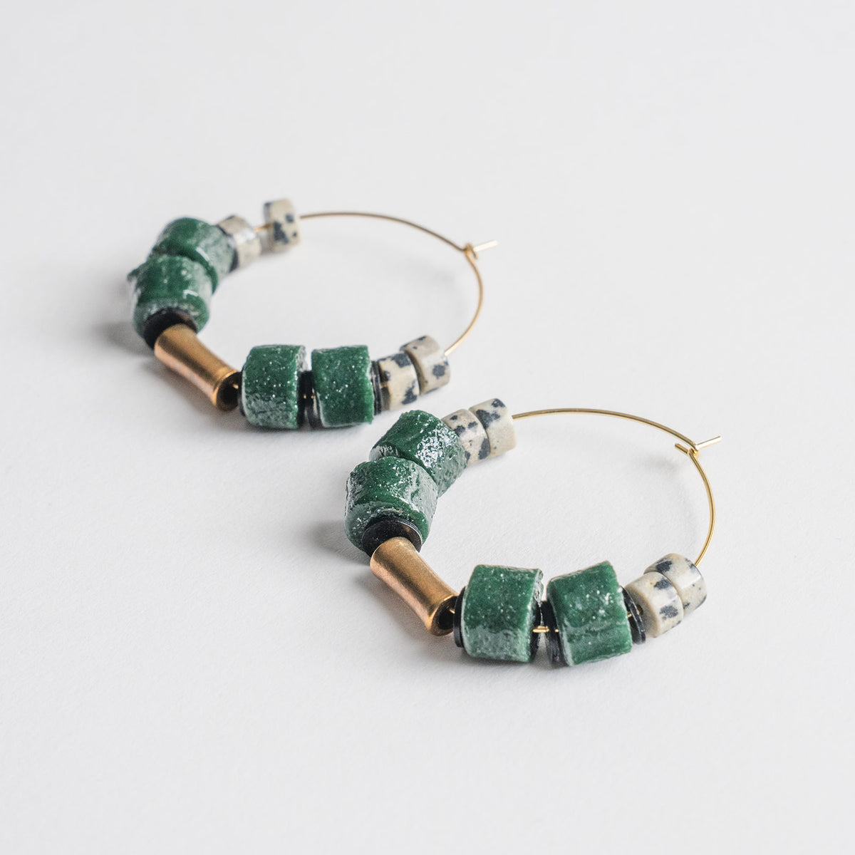 glass bead & dalmation jasper hoop earrings
