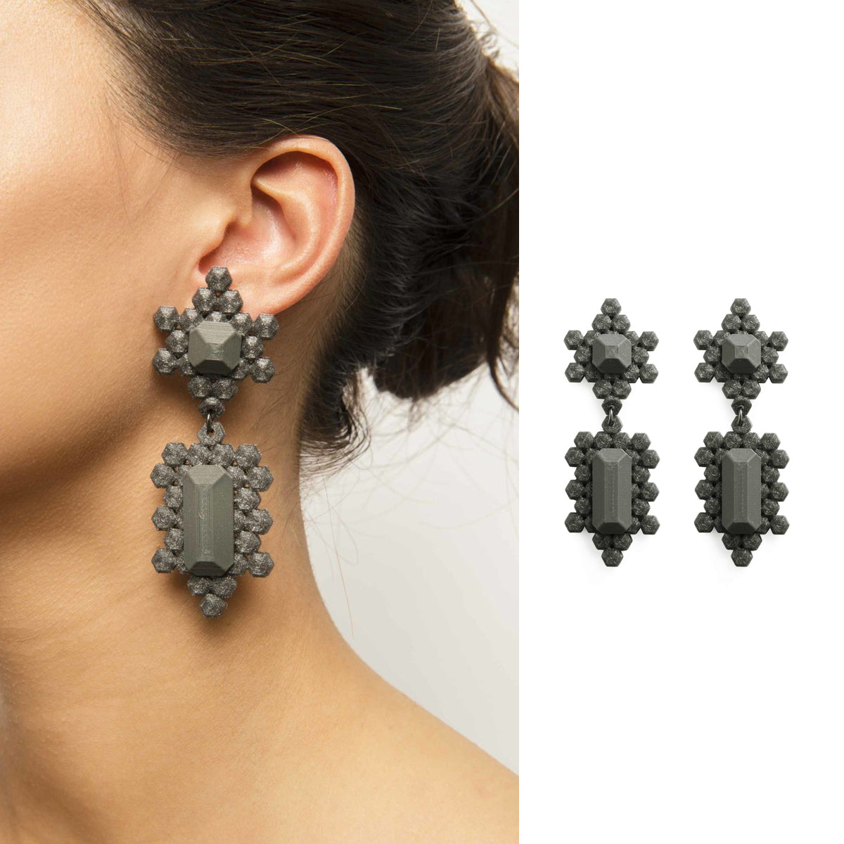 Gunmetal 3D-printed gem earrings