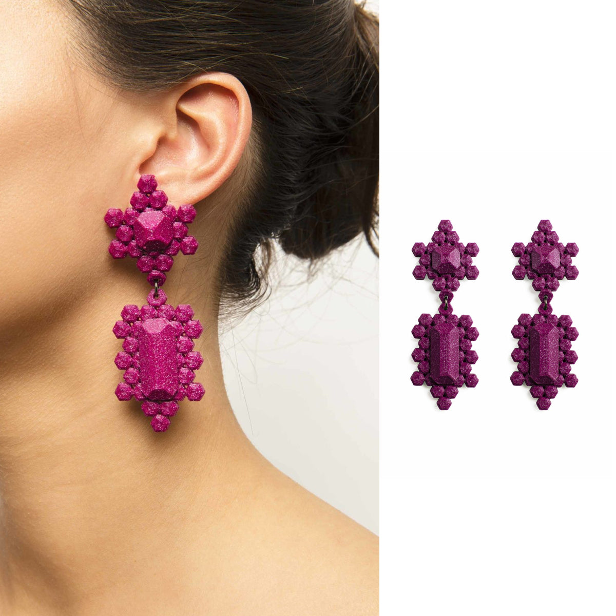 Magenta 3D-printed gem earrings