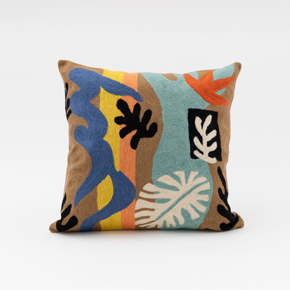 Embroidered pillow: cool tone leaves