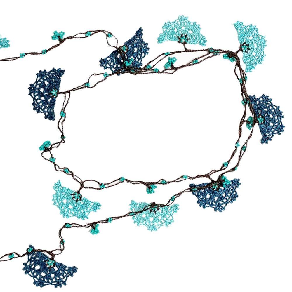 Oya Teal Fan crocheted lace necklace